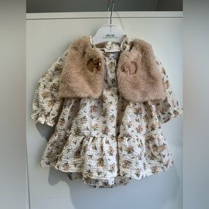 Little Me Cream Floral Dress with Tan Faux Fur Capelet